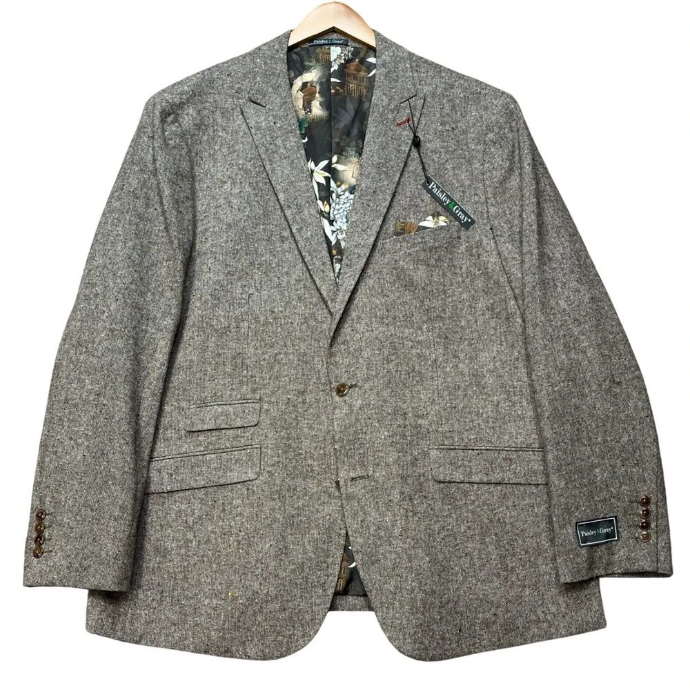 Paisley & Gray Blazer Men 54R Brown Donegal Tweed Slim Peak Lapel Floral Lining